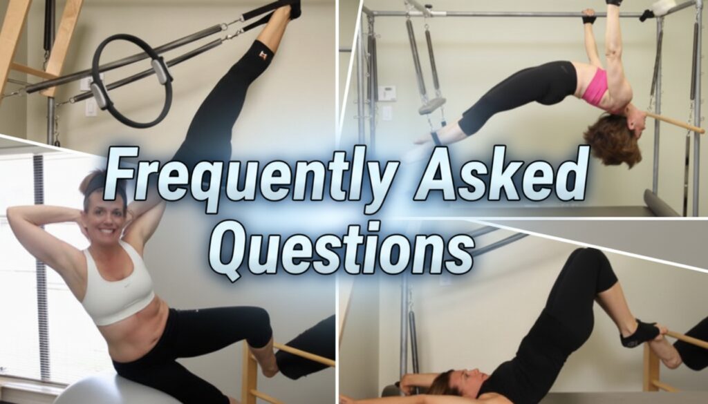 Shannon demonstrating various Fit N Pilates exercises on reformer and suspension equipment. Collage of four photos showing core strength, hanging leg raises, and stability ball workouts with the text 'Frequently Asked Questions' overlaid in the center.