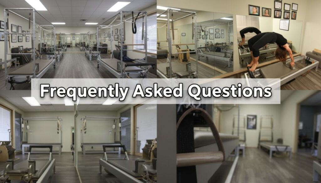 Fit N Pilates studio interior with reformer equipment and Pilates apparatus in a bright, clean workout space. Four-panel collage showing the reformer room, a woman performing an advanced Pilates exercise on a reformer in front of mirrors, and additional views of the well-equipped studio. Text overlay reads 'Frequently Asked Questions'.