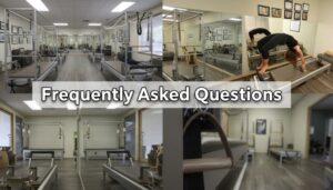Fit N Pilates studio interior with reformer equipment and Pilates apparatus in a bright, clean workout space. Four-panel collage showing the reformer room, a woman performing an advanced Pilates exercise on a reformer in front of mirrors, and additional views of the well-equipped studio. Text overlay reads 'Frequently Asked Questions'.