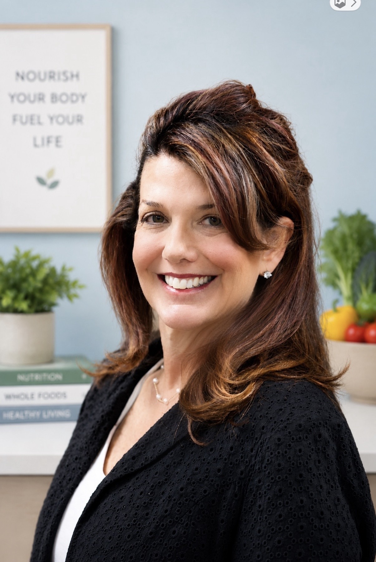 Shannon Rene, RDN, LDN, CFMP, founder of Fit N Pilates and Fit N Vitality in Plano, TX, smiling in her office surrounded by nutrition books and fresh vegetables
