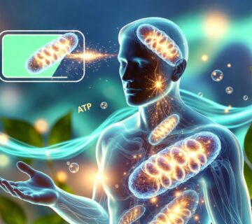 alt="Glowing human body showing healthy mitochondria as cellular powerhouses producing energy, representing mitochondrial health and natural solutions for chronic fatigue"