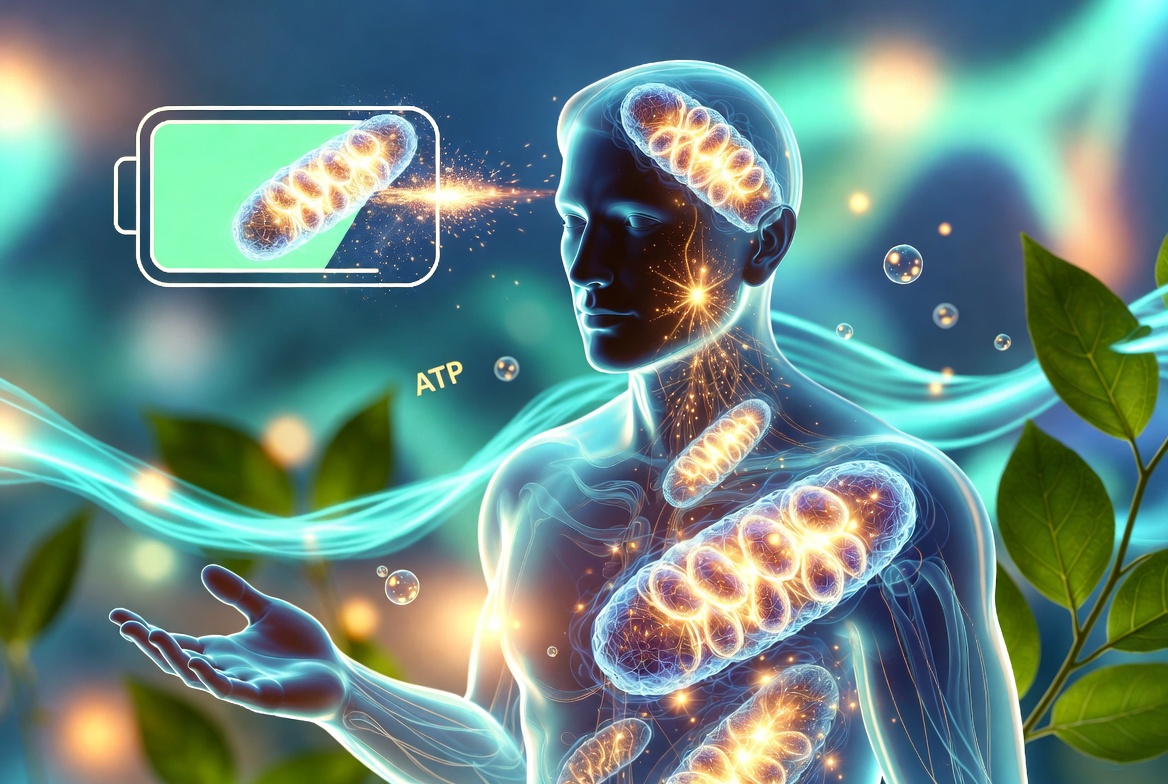 alt="Glowing human body showing healthy mitochondria as cellular powerhouses producing energy, representing mitochondrial health and natural solutions for chronic fatigue"